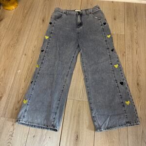 Y2K  Listicle Wide Leg Heart Print Jeans 100% Cotton Boho Vintage Inspired Large